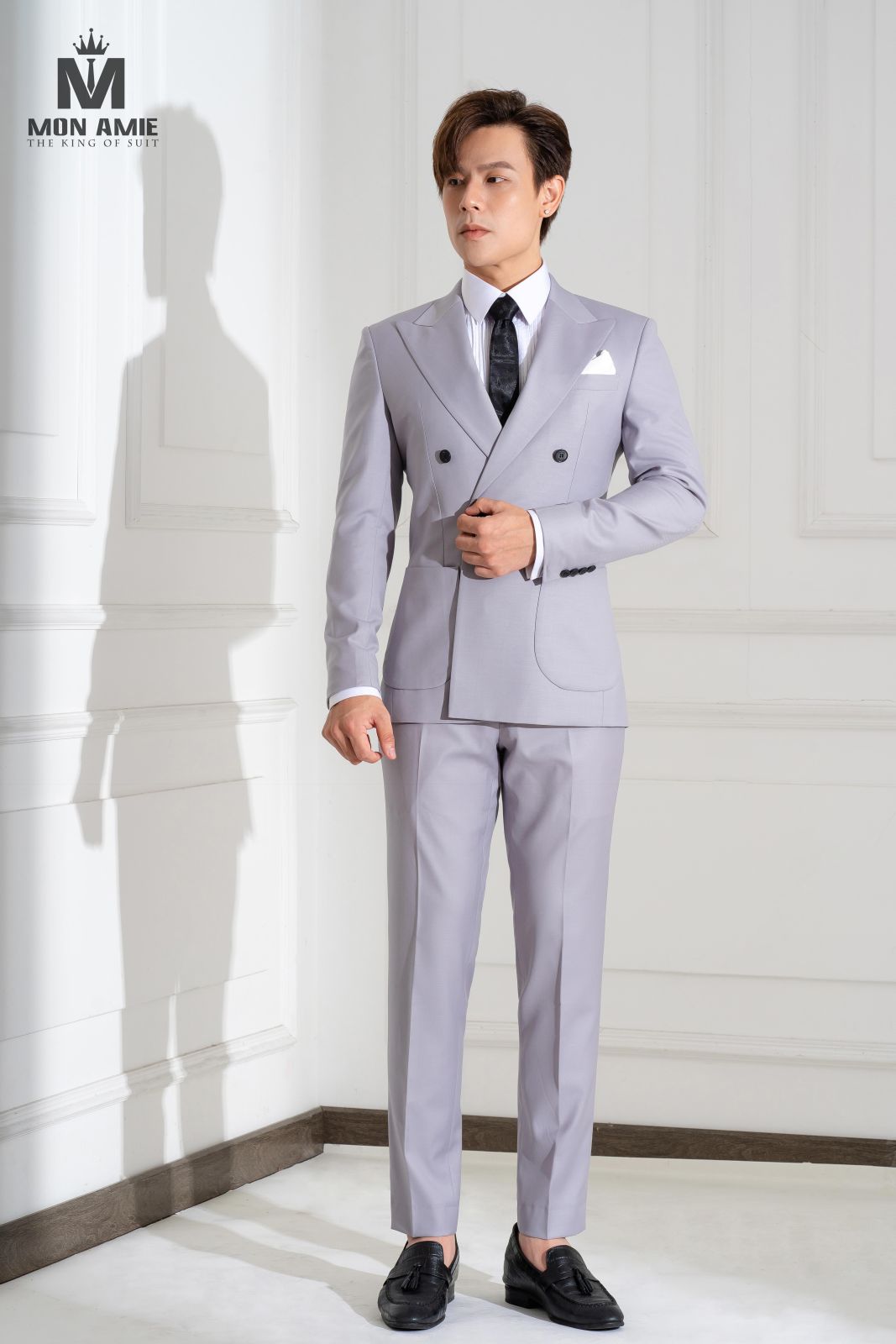 Double Breasted Light Lavender Suit With Patched Pockets 